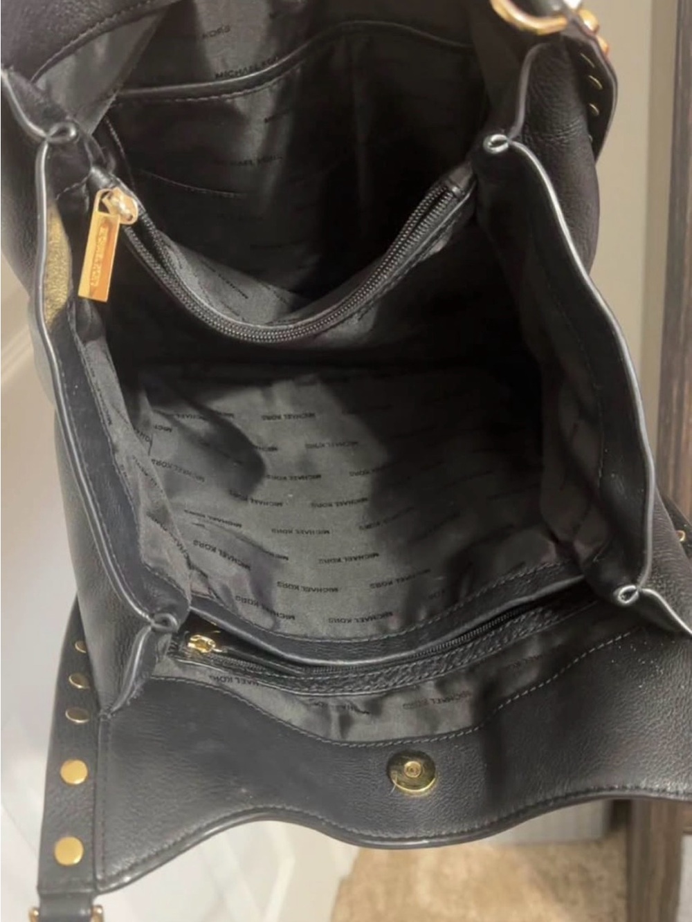 Michael Kors Black Leather Shoulder Bag with Gold Studs and Chain Strap - Picture 3 of 3